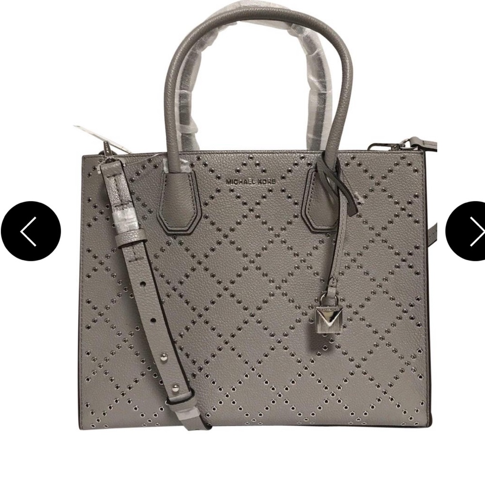 Grey Mercer Grommeted Pebbled Leather Tote Bag By Michael Kors - Picture 2 of 16